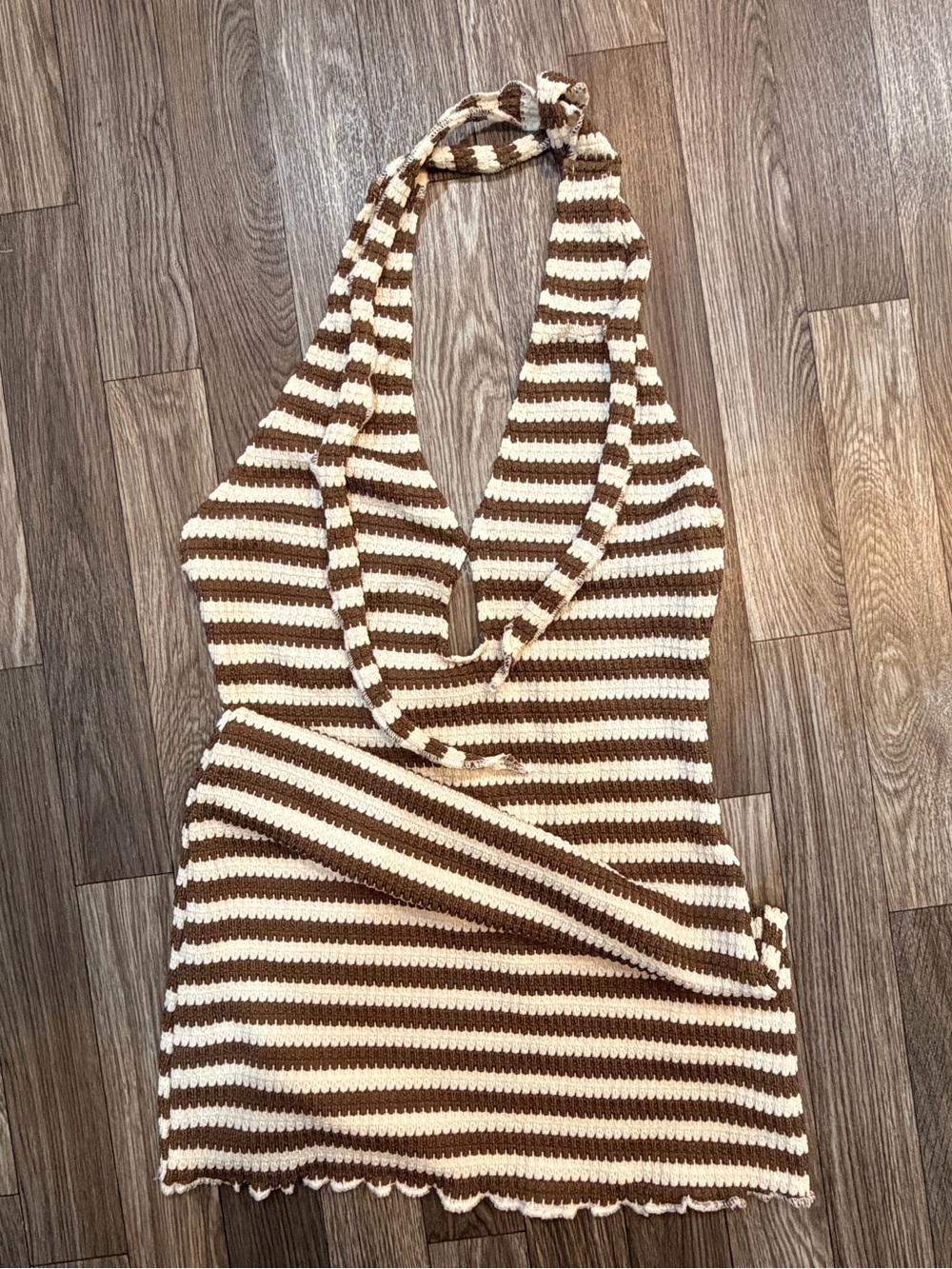 Backless Halter Knit Dress in Brown & Cream